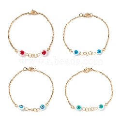 Synthetic Shell Evil Eye Beaded Link Bracelet with Enamel, Gold Plated 304 Stainless Steel Jewelry for Women, Mixed Color, 7-1/2 inch(19cm)(BJEW-F431-01G)