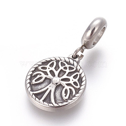 304 Stainless Steel Pendants, Large Hole Pendants, Flat Round with Tree, Antique Silver, 29mm, Hole: 5.3mm, Pendant: 17.5x15x2.5mm(STAS-E452-17AS)