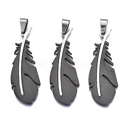 Ion Plating(IP) 201 Stainless Steel Pendants, Laser Cut, Feather, Gunmetal, 49x17.5x1mm, Hole: 4x7.5mm(STAS-T044-283G)