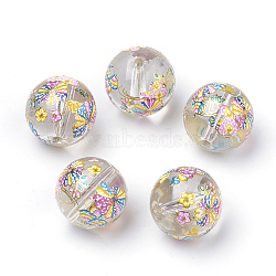 Printed Glass Beads, Round with Flower Pattern, Clear, 10x9mm, Hole: 1.5mm(GFB-Q001-10mm-D01)
