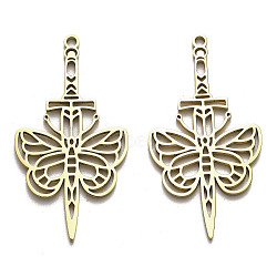 304 Stainless Steel Pendants, Laser Cut, Sword with Butterfly Charm, Golden, 43x22.5x1.5mm, Hole: 1.8mm(STAS-B054-05G)