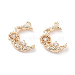 Brass Micro Pave Clear Cubic Zirconia Charms, Moon with Flower Charms, Real 18K Gold Plated, 13.5x12x3.5mm, Hole: 1.2mm(KK-F871-45G)