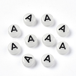 Acrylic Beads, with Enamel and Luminous, Horizontal Hole, Flat Round with Black Letter, Glow in the Dark, Light Grey, Letter.A, 7x3.5mm, Hole: 1.5mm, about 360~370pcs/50g(X-SACR-S273-29A)