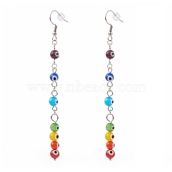 Rainbow Round Evil Eye Lampwork Dangle Earrings, with 304 Stainless Steel Earring Hooks and Ear Nuts, Colorful, 97mm, Pin: 0.7mm(EJEW-JE04469)