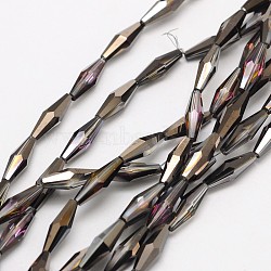Faceted Half Plated Rice Electroplated Glass Beads Strands, Black Plated, 13x4mm, Hole: 1mm, about 60pcs/strand, 29.9 inch(EGLA-F103-01C)