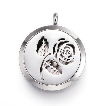316 Surgical Stainless Steel Diffuser Locket Pendants, with Perfume Pad and Magnetic Clasps, Flat Round with Rose, Stainless Steel Color, 36.5~37x30x6~6.5mm, Hole: 5mm, Inner Diameter: 23mm, 12Color/Set