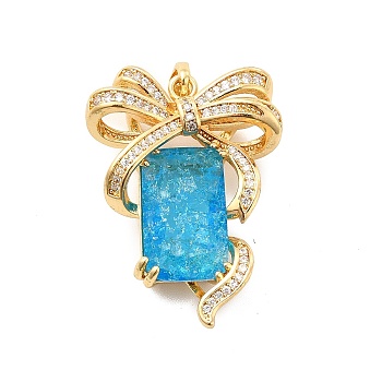 Brass Micro Pave Clear Cubic Zirconia Pendants, with Glass, Bowknot with Rectangle, Real 18K Gold Plated, Deep Sky Blue, 33x23.5x8mm, Hole: 5x2.5mm