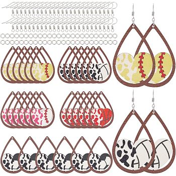 DIY Sport Ball Theme Earring Making Kit, Including Teardrop with Heart Wood Big Pendants, Iron Earring Hooks & Jump Rings, Mixed Color, 130Pcs/box