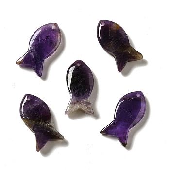 Natural Amethyst Pendants, Fish Charms, 39x20x7~7.5mm, Hole: 2.3mm