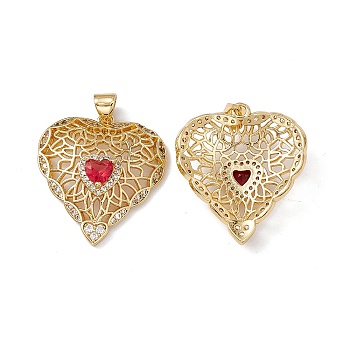 Brass Cubic Zirconia Pendants, Hollow Heart Charm, Real 18K Gold Plated, 26x23.5x5.5mm, Hole: 5x3.5mm