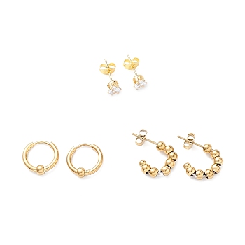 3 Pairs 3 Style Crystal Rhinestone Diamond Stud Earrings, Ion Plating(IP) 304 Stainless Steel Hoop Earrings for Women, Golden, 5~14mm, Pin: 1mm, 1 Pair/style