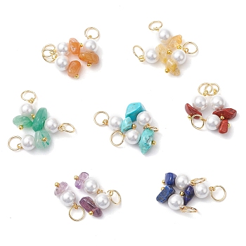 21Pcs 7 Styles Chip Natural Red Jasper & Red Aventurine & Citrine & Green Aventurine & Lapis Lazuli & Anethyst, Synthetic Turquoise Charms, Shell Pearl Charms with 304 Stainless Steel Open Jump Rings, Golden, 13x5~9.5mm, Hole: 5mm, 3pcs/style