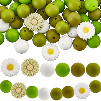 Food Grade Eco-Friendly Silicone Focal Beads, Round & Daisy, Mixed Color, 15~19x7.5~15mm, Hole: 2~2.5mm