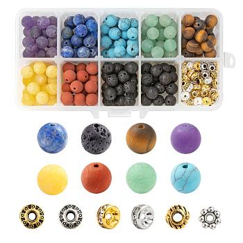 285Pcs 10 Style Natural & Synthetic Gemstone Beads, with Frosted Round Bead & Brass Rhinestone Spacer Beads & Tibetan Style Alloy Spacer Beads, Mixed Color, 285Pcs/Box