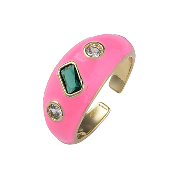 Cubic Zirconia Open Cuff Ring with Enamel, Real 18K Gold Plated Brass Jewelry for Women, Nickel Free, Hot Pink, US Size 6 3/4(17.1mm)