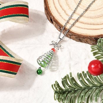 Aluminum & Green Glass Silver Christmas Tree Pendant 304 Stainless Steel Cable Chain Necklaces, Stainless Steel Color, 17.91 inch(45.5cm)