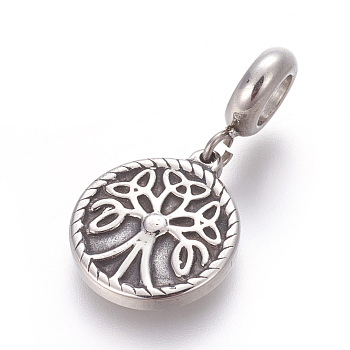304 Stainless Steel Pendants, Large Hole Pendants, Flat Round with Tree, Antique Silver, 29mm, Hole: 5.3mm, Pendant: 17.5x15x2.5mm