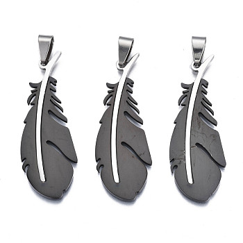 Ion Plating(IP) 201 Stainless Steel Pendants, Laser Cut, Feather, Gunmetal, 49x17.5x1mm, Hole: 4x7.5mm