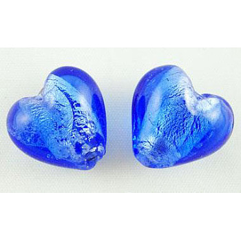 Handmade Silver Foil Glass Beads, Heart, Blue, about 12mm in diameter, 8mm thick, hole: 1~2mm