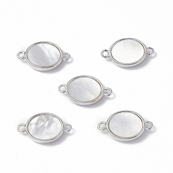 Brass Connector Charms, with Freshwater Shell, Nickel Free, Oval Links, Platinum, 9.5x16x3mm, Hole: 1.2mm