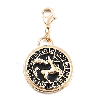 Tarot Alloy Enamel Pendant Decoration, Lobster Clasp Charms Ornaments, Twelve Constellations Pattern, Flat Round, 44mm