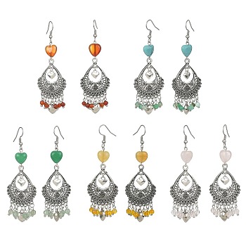 Natural & Synthetic Mixed Gemstone Heart Chandelier Earrings, Alloy Teardrop Earrings with 304 Stainless Steel Pins, 80x26mm