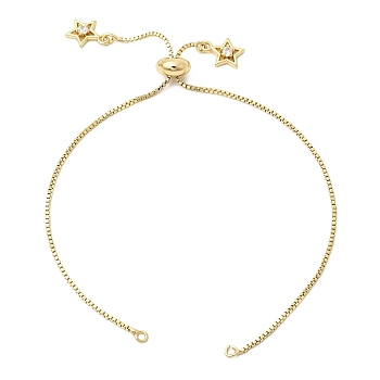 1MM Brass Box Chain Slider Bracelet Making, with Clear Cubic Zirconia Star Charms, Rack Plating, Long-Lasting Plated, Lead Free & Cadmium Free, Real 18K Gold Plated, 9.45 inch(24cm), Hole: 2mm