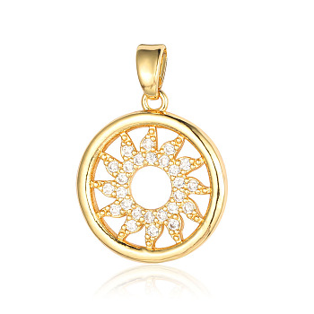 Brass Micro Pave Clear Cubic Zirconia Pendants, Flat Round with Sun Charms, Real 18K Gold Plated, 19x17x1.3mm