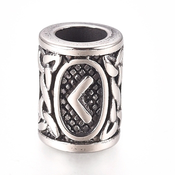 304 Stainless Steel European Beads, Large Hole Beads,  Column with Letter, Antique Silver, Letter.V, 13.5x10mm, Hole: 6mm