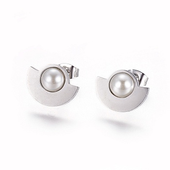 304 Stainless Steel Stud Earrings, with Acrylic Pearl Beads and Ear Nuts/Earring Back, Fan, Gainsboro, Stainless Steel Color, 11.5x15x2~4mm, Pin: 0.6mm, 6pairs/card