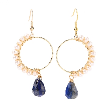 Faceted Teardrop Natural Lapis Lazuli Dangle Earrings, with Natural Pearl Beads and Brass Earring Hooks, Golden, 62mm, Pin: 0.8mm