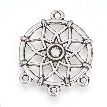 Tibetan Style Alloy Cabochon Connector Settings, Chandelier Components Links, Flat Round, Cadmium Free & Lead Free, For Woven Net/Web with Feather Making, Antique Silver, Tray: 5mm, 34x27x2mm, Hole: 2.5mm, about 265pcs/1000g