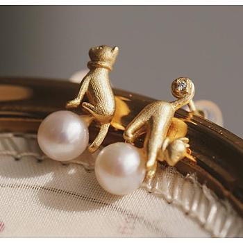 925 Sterling Silver Cat Asymmetrical Earrings, Natural Pearl Stud Earrings, Golden, 13x6.5mm, 14.5x6.5mm, Pin: 0.8mm