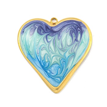 Ion Plating(IP) 304 Stainless Steel Pendants, with Enamel, Real 18K Gold Plated, Heart Charm, Medium Aquamarine, 31x29x3.5mm, Hole: 2mm