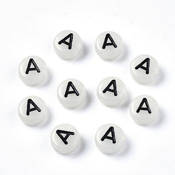 Acrylic Beads, with Enamel and Luminous, Horizontal Hole, Flat Round with Black Letter, Glow in the Dark, Light Grey, Letter.A, 7x3.5mm, Hole: 1.5mm, about 360~370pcs/50g