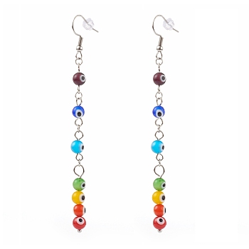 Rainbow Round Evil Eye Lampwork Dangle Earrings, with 304 Stainless Steel Earring Hooks and Ear Nuts, Colorful, 97mm, Pin: 0.7mm