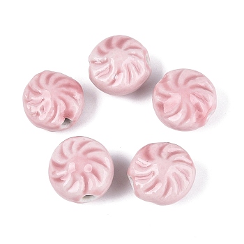 Windmill Spiral Pattern Vintage Handmade Porcelain Beads, Fancy Antique Glazed Porcelain, Flat Round, Pink, 19.5~22.5x12.5~14.5mm, Hole: 1.6~4mm