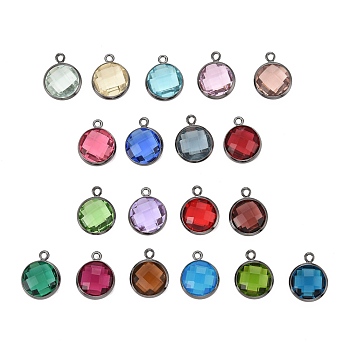 Glass Charms, with Gunmetal Plated Brass Findings, Long-Lasting Plated, Lead Free & Nickel Free & Cadmium Free, Faceted Flat Round, Mixed Color, 9x7x3mm, Hole: 1mm