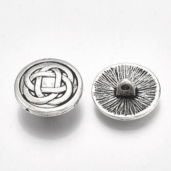Tibetan Style Alloy Shank Buttons, Cadmium Free & Lead Free, Flat Round with Knot, Antique Silver, 17x7mm, Hole: 1.8mm, about 396pcs/1000g