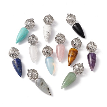 Natural & Synthetic Mixed Stone Big Pendants, Cone Charms with Rack Plating Brass Hollow Ball, Platinum, Cadmium Free & Lead Free, 57~58x17.5~18mm, Hole: 8x5mm
