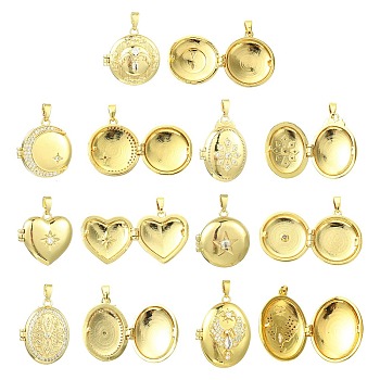 7Pcs 7 Styles Brass Micro Pave Clear Cubic Zirconia Locket Pendants, Mixed Shapes, 18.5~25x17~19.5x7~9.5mm, Hole: 1.5~2.5x3.5~4.5mm, 1pc/style