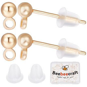 60Pcs Brass Stud Earrings Findings, Ball Stud Earring Post, with Horizontal Loops and 100Pcs Plastic Ear Nuts, Long-Lasting Plated, Nickel Free, Real 18K Gold Plated, 13mm, Hole: 1.2mm, Pin: 0.7mm