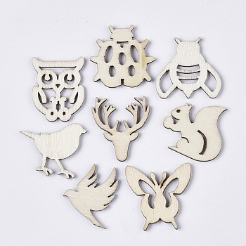 Laser Cut Wood Shapes, Unfinished Wooden Embellishments, Wooden Cabochons, Animal Theme, Mixed Shapes, PapayaWhip, 25.5~30x24.5~30.5x2.5mm