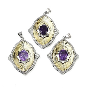 Rhombus Natural Amethyst Pendants, with Brass Findings and Cubic Zirconia, Rack Plating, 32.5x26x6.5mm, Hole: 3.5x4mm