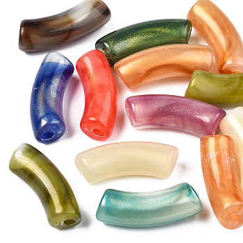 Opaque Acrylic Beads, Two Tone Color, with Glitter Powder, Curved Tube, Mixed Color, 35x13x11mm, Hole: 3.5mm