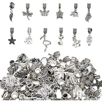 48Pcs 12 Styles Tibetan Style Alloy European Dangle Charms, Large Hole Pendants, Butterfly & Elephant & Owl, Mixed Shapes, Antique Silver, 21~30mm, Pendant: 10~30x8.5~21x1.5~5mm, Hole: 4.5~6mm, 4pcs/style