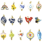 15Pcs Handmade Porcelain Pendants, with 304 Stainless Steel Findings, Golden, Mixed Color, 18~28.1mm, Hole: 2mm(PALLOY-YW00126)