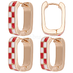 4 Pairs Rectangle with Tartan Pattern Alloy Enamel Hoop Earrings, with 316 Surgical Stainless Steel Pins, Golden, Red, 19.5x6.5x13.5mm(EJEW-SC0002-26B)