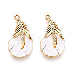304 Stainless Steel & Enamel & Rhinestone Pendants, Feather Charms, Golden, White, 24.5x13x2.5mm, Hole: 1.5mm(STAS-T073-66A-G)