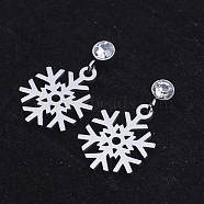 201 Stainless Steel Dangle Stud Earrings, with Clear Cubic Zirconia, Snowflake, Stainless Steel Color, 21mm, Pin: 0.8mm(EJEW-T008-JN756)